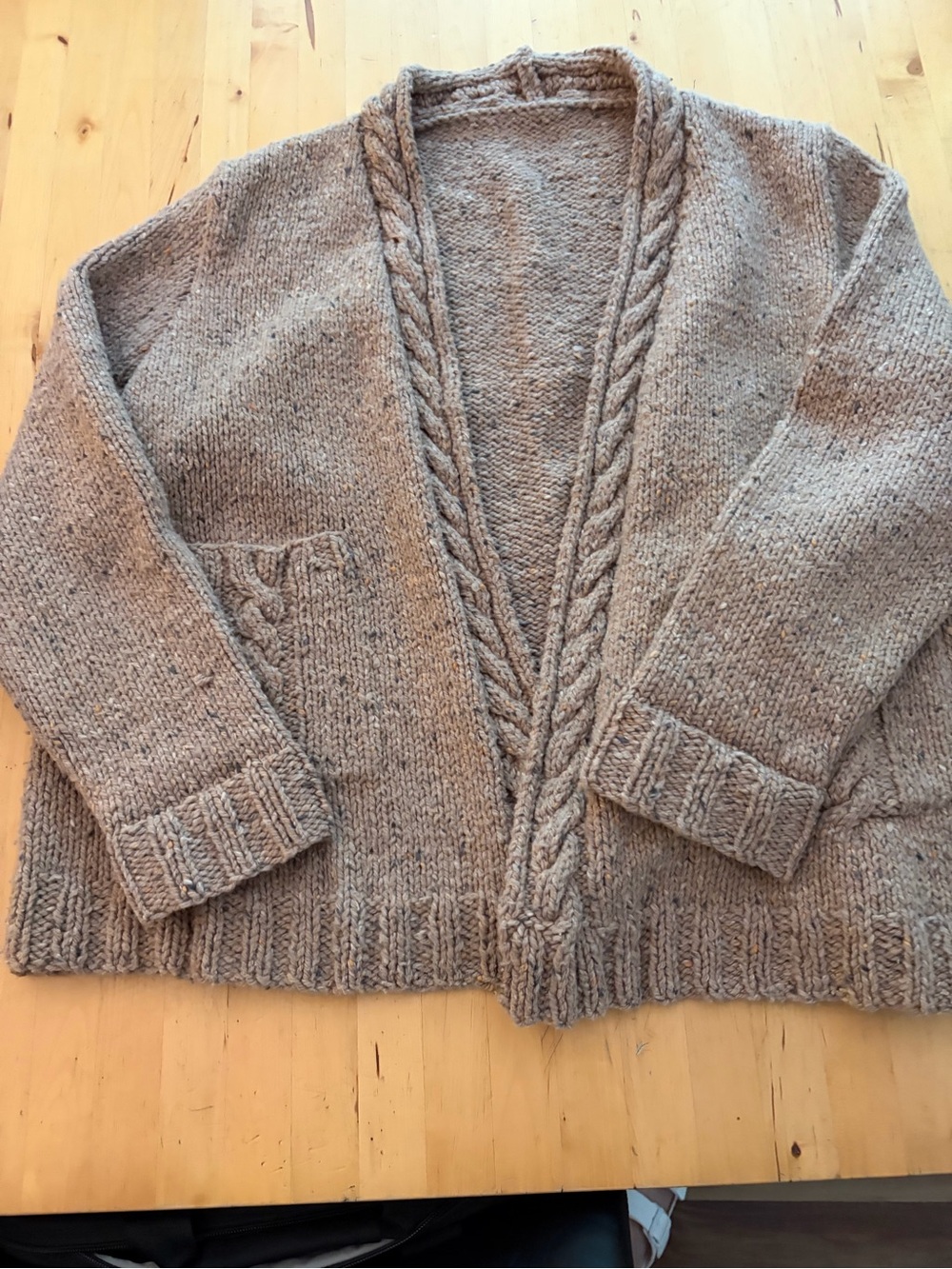Cozy Taupe Cable-Trim Open Cardigan Sweater